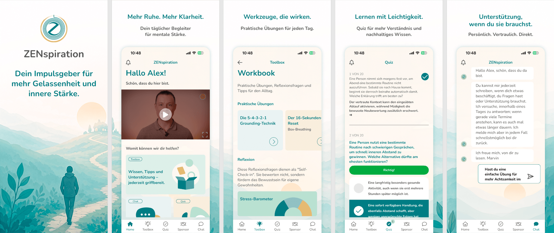 ZENspiration App Mediathek mit Videos, Audios und digitalem Workbook zu Stressresilienz und Suchtprävention