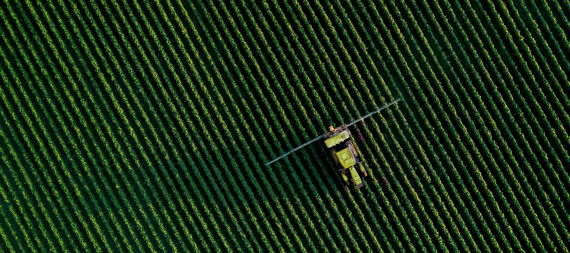 Luftbild einer Landmaschine im Feldeinsatz, Symbolbild für die Landtechnikbranche
