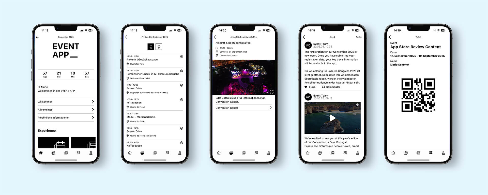 Fünf Screens der dgtl.ai Event-App: Startseite, Agenda, Ankunftsinfos, Feed und QR-Ticket.
