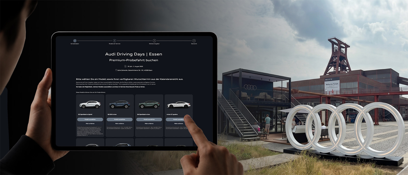 Tablet mit Modellauswahl in der Buchungsplattform der Audi Driving Days am Veranstaltungsort